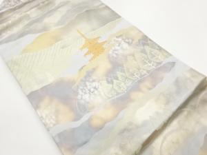 寺院に木々・雲模様織出し名古屋帯